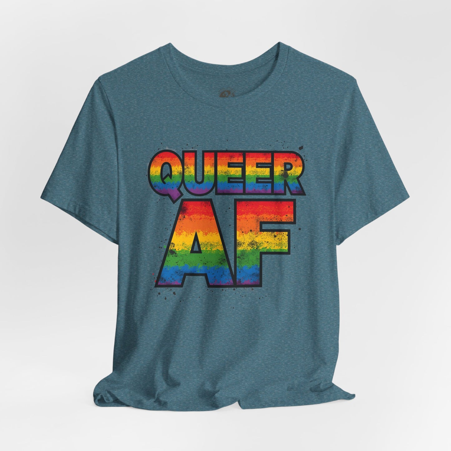 Queer AF – Pride T-Shirt | LGBTQ+ Short Sleeve Tee | Rainbow Graphic Shirt | Gay Pride Top | Unisex Tee for Celebrations | PrideWEAR Collection