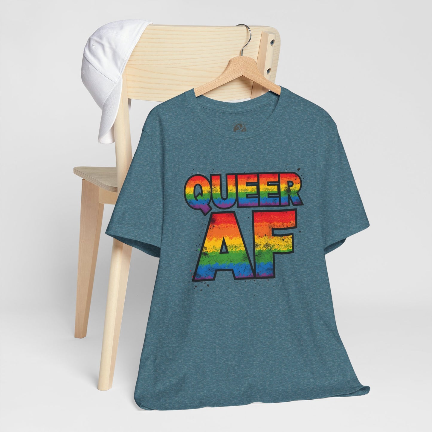 Queer AF – Pride T-Shirt | LGBTQ+ Short Sleeve Tee | Rainbow Graphic Shirt | Gay Pride Top | Unisex Tee for Celebrations | PrideWEAR Collection